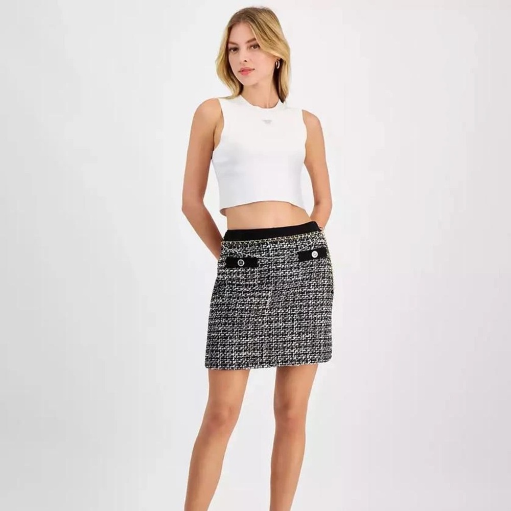 GUESS Jeans YVONNE MIX DENIM CHAIN TWEED SKIRT, Black, White, Gold